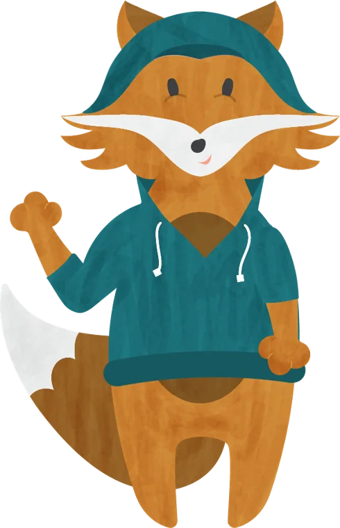 Fox character in a teal hoodie waving