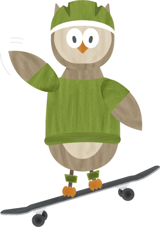 Owl character doing a skateboard trick