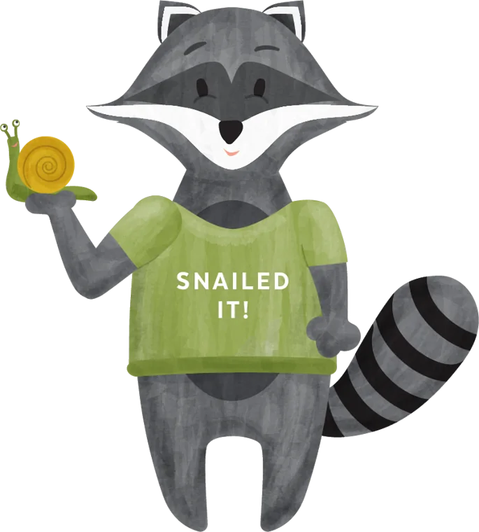 Raccoon character holding a snail