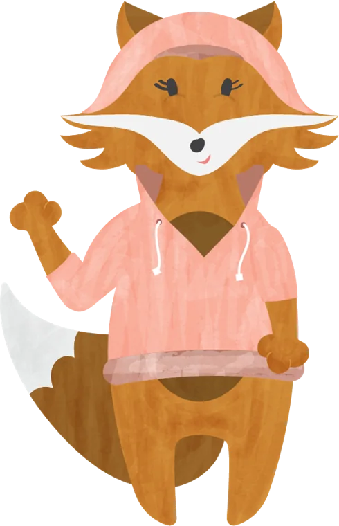 Fox character in a pink hoodie waving hello