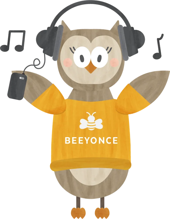 Owl character wearing headphones