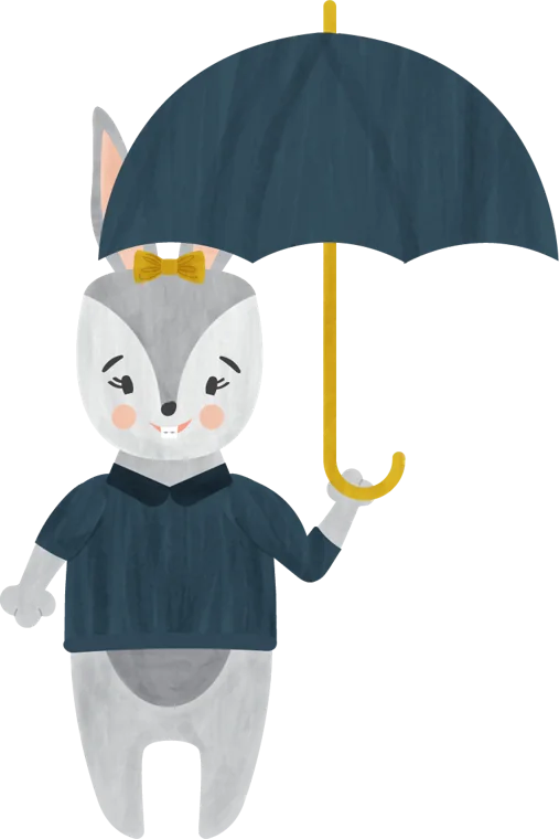 Rabbit character holding a navy umbrella