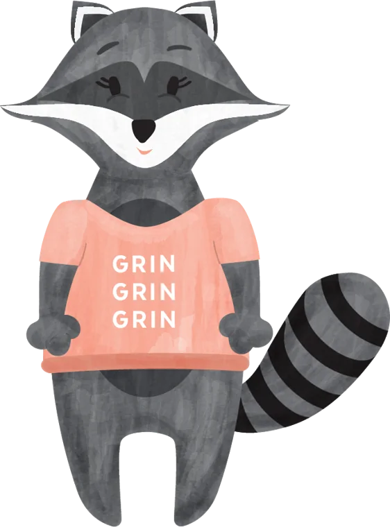 Raccoon character in a Grin Grin Grin shirt